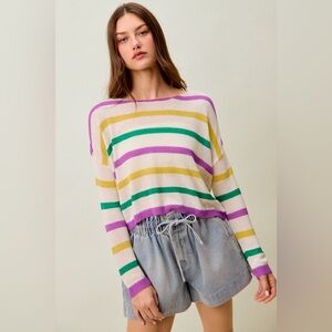 SO ME Mardi Gras Color Stripe Lightweight Sweater Top